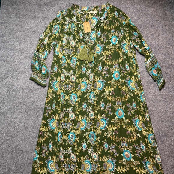NATURAL LIFE Dresses & Skirts - NATURAL LIFE Boho Paisley Rayon Midi Dress Olive Green Floral Tassel NWT Medium